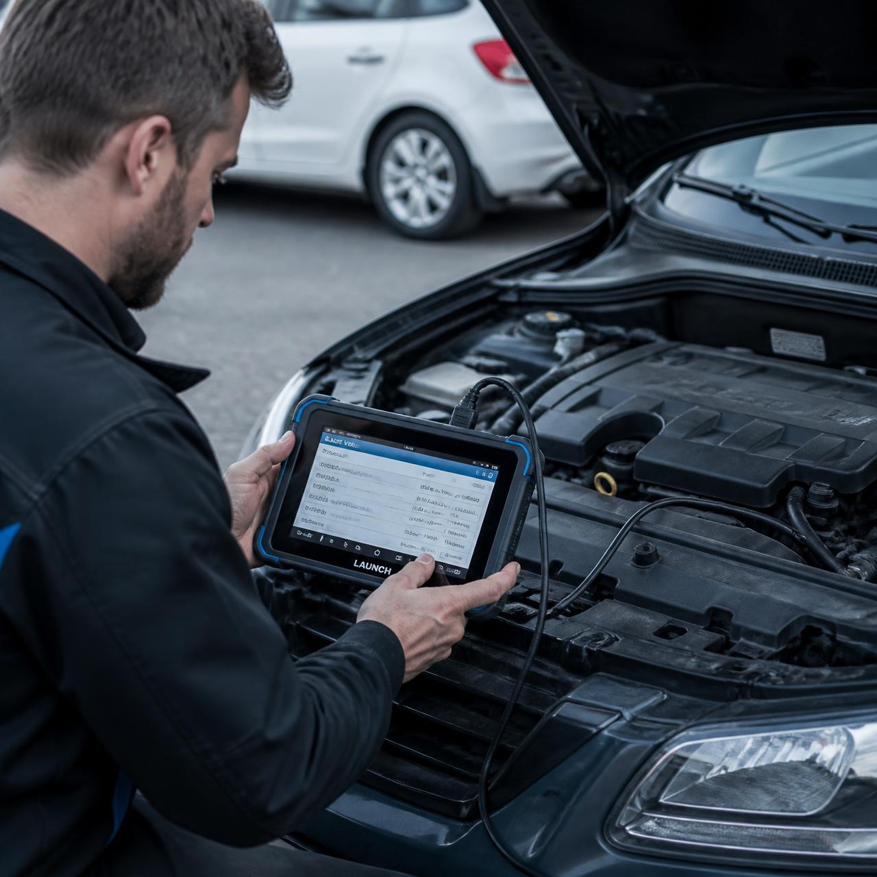 Inspecteur AutoInspect31 avec tablette de diagnostic et valise professionnelle devant un véhicule à Toulouse